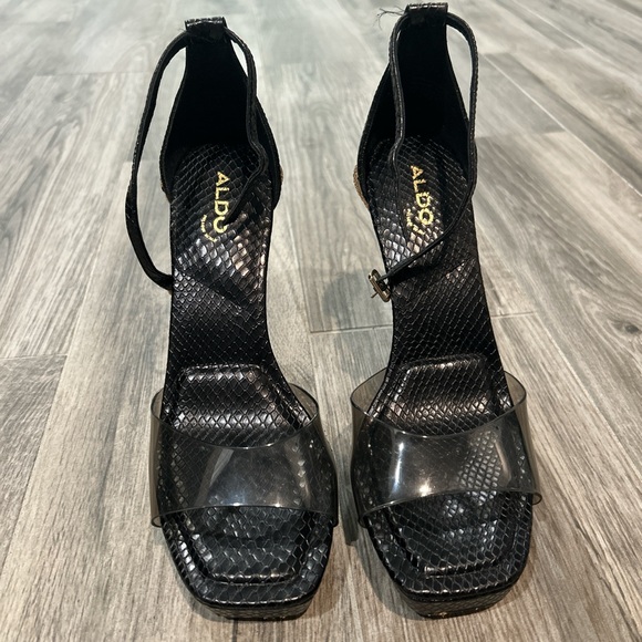 Aldo Black and Gold Peep-Toe Heels with Metallic Stiletto - Picture 3 of 5